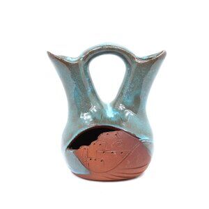 Native American Blue Glazed Pottery Wedding Vase Open Front Carved Puebla House